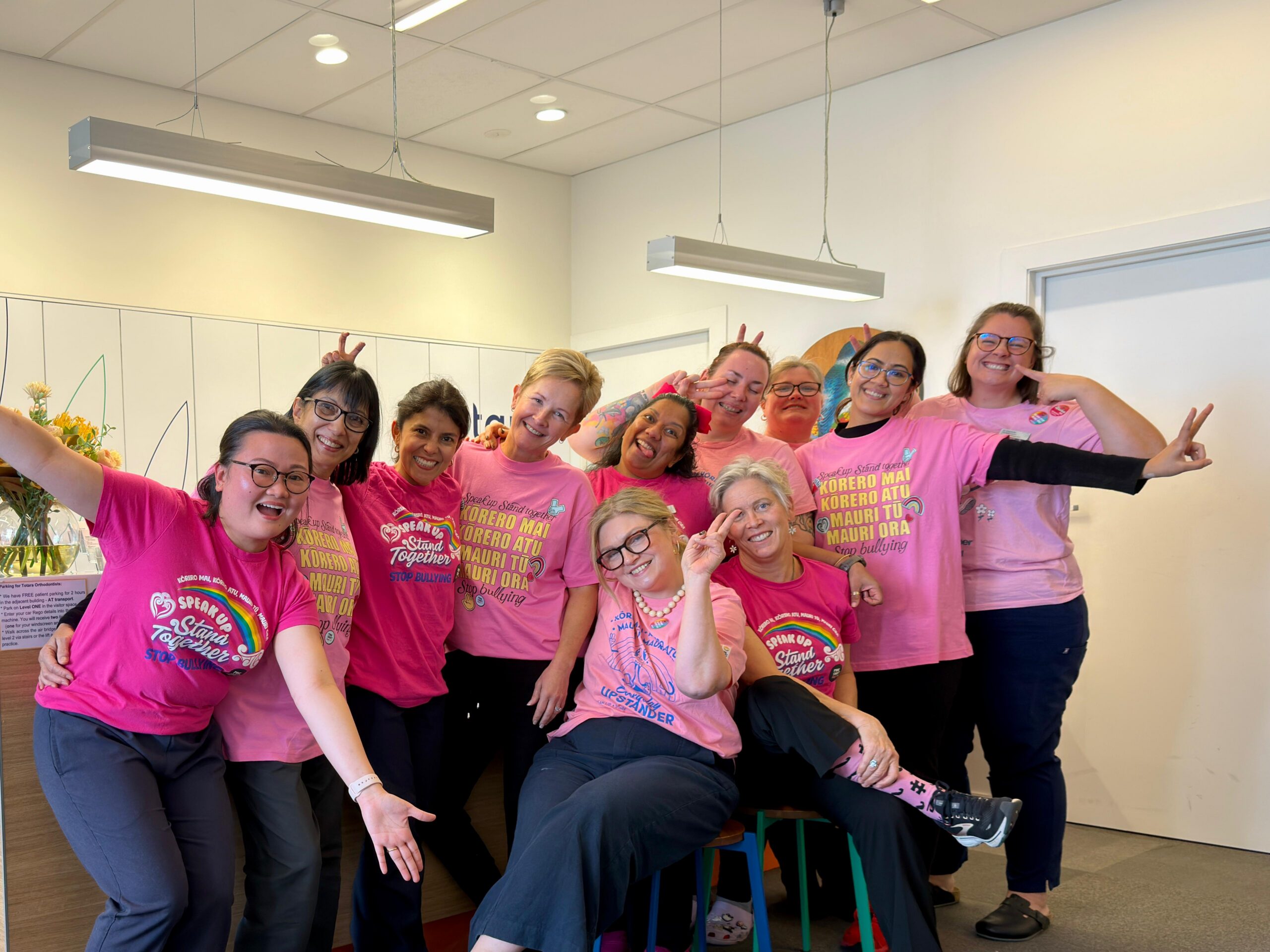The team at Totara Orthodontics supporting Pink Shirt Day
